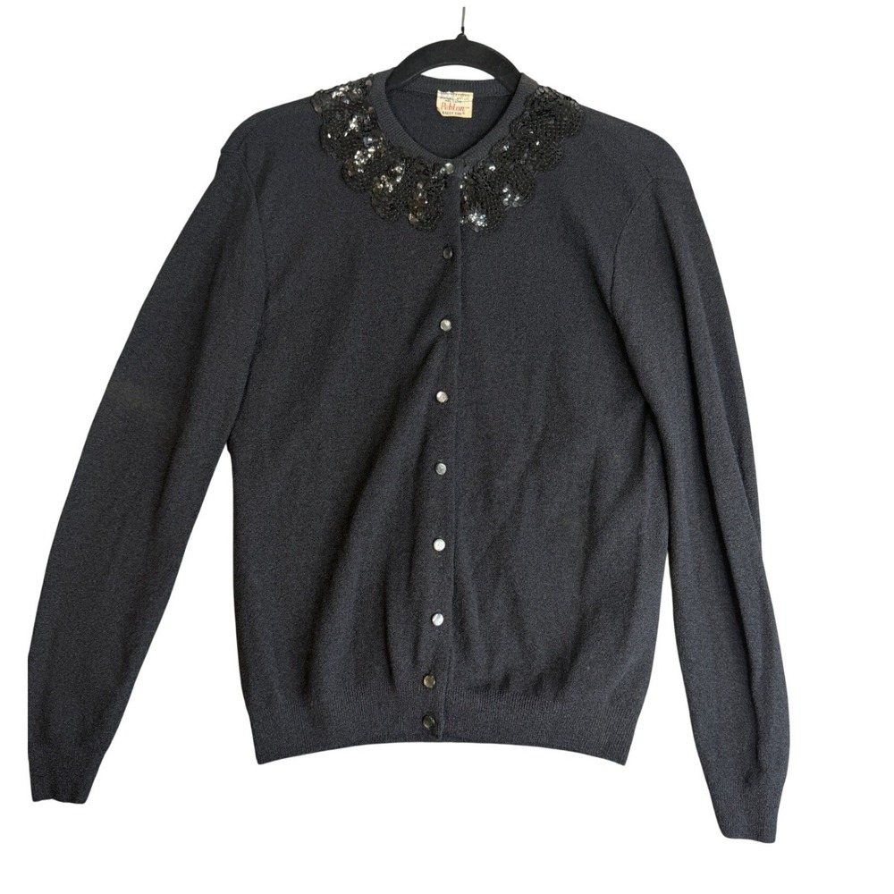 Vintage 60s Retro Sequin Cardigan Womens M Black Mid Century Rockabilly Pinup